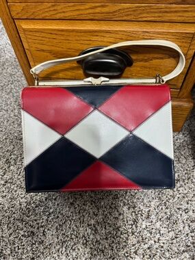 Patchwork Top-Handle Satchel in Red, White & Navy
